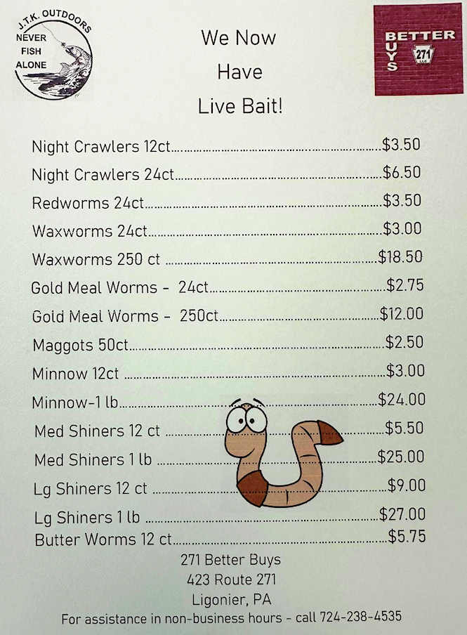 Live Fishing Bait list - 271 Better Buys, Ligonier, PA
